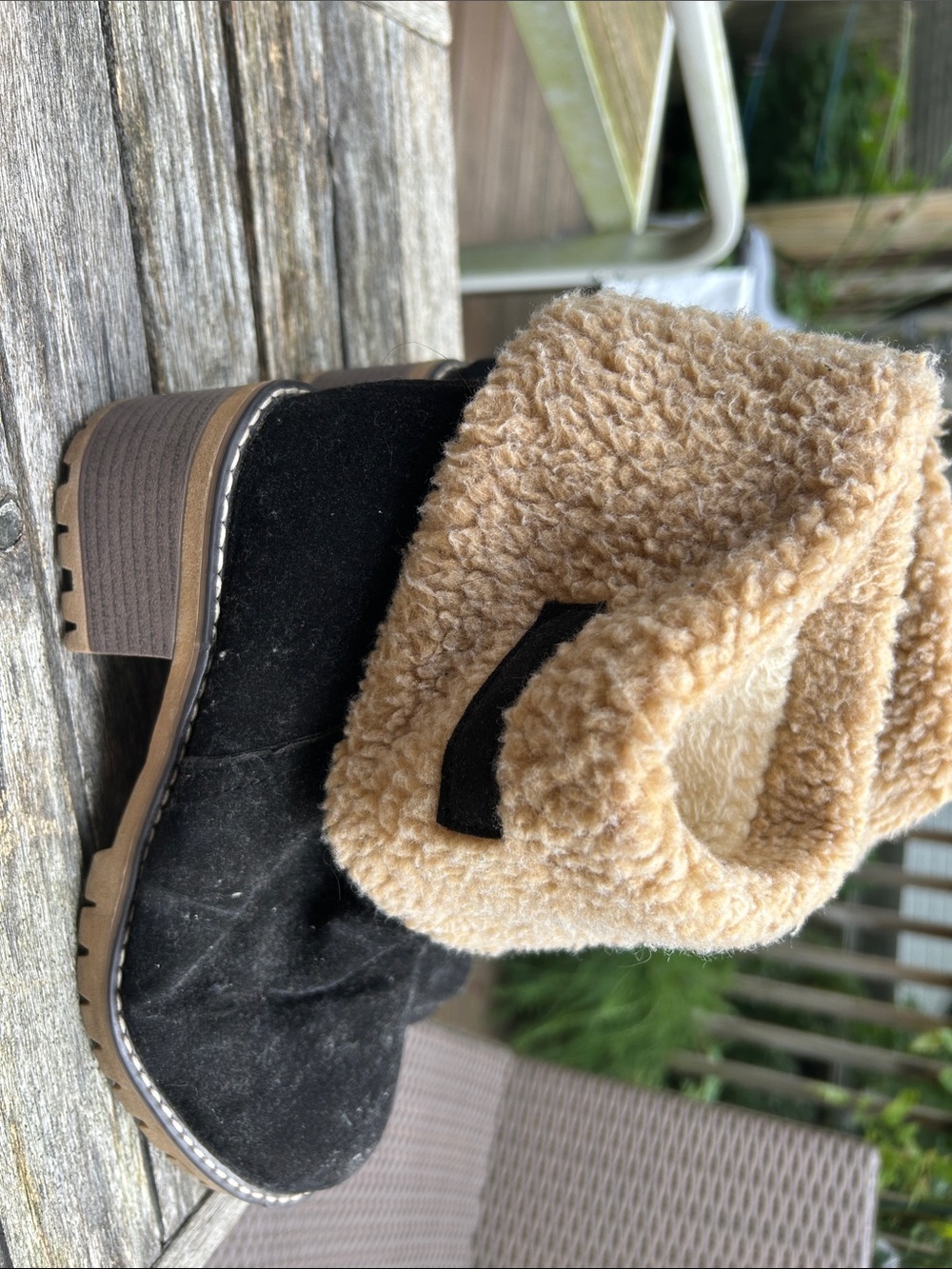 Woman Black Suede Winter Boot with Tan Sherpa Cuff, from pet friendly house